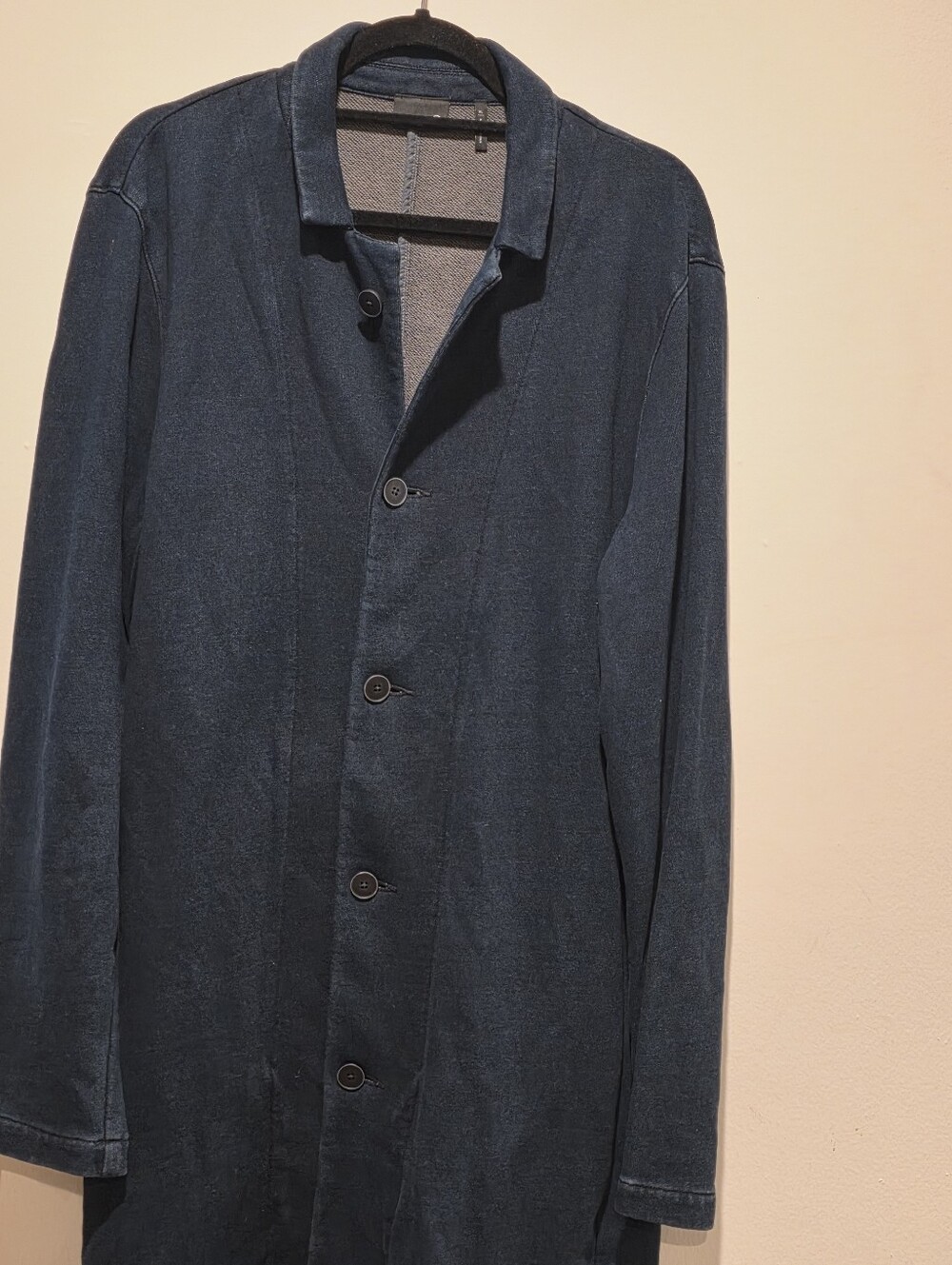 AG Indigo Knit Women's Dark Navy Long Button Coat Xl Long Line Denim Jacket